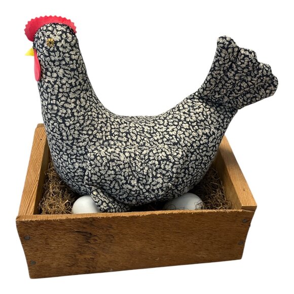 Vintage Handmade Fabric Hen in Wooden Nesting Box – Country Farmhouse Decor – St - Picture 1 of 5
